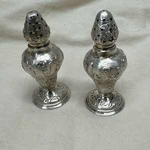 Antique Coin Silver Repousse Salt & Pepper Shakers Figural Dancing Scene 19c
